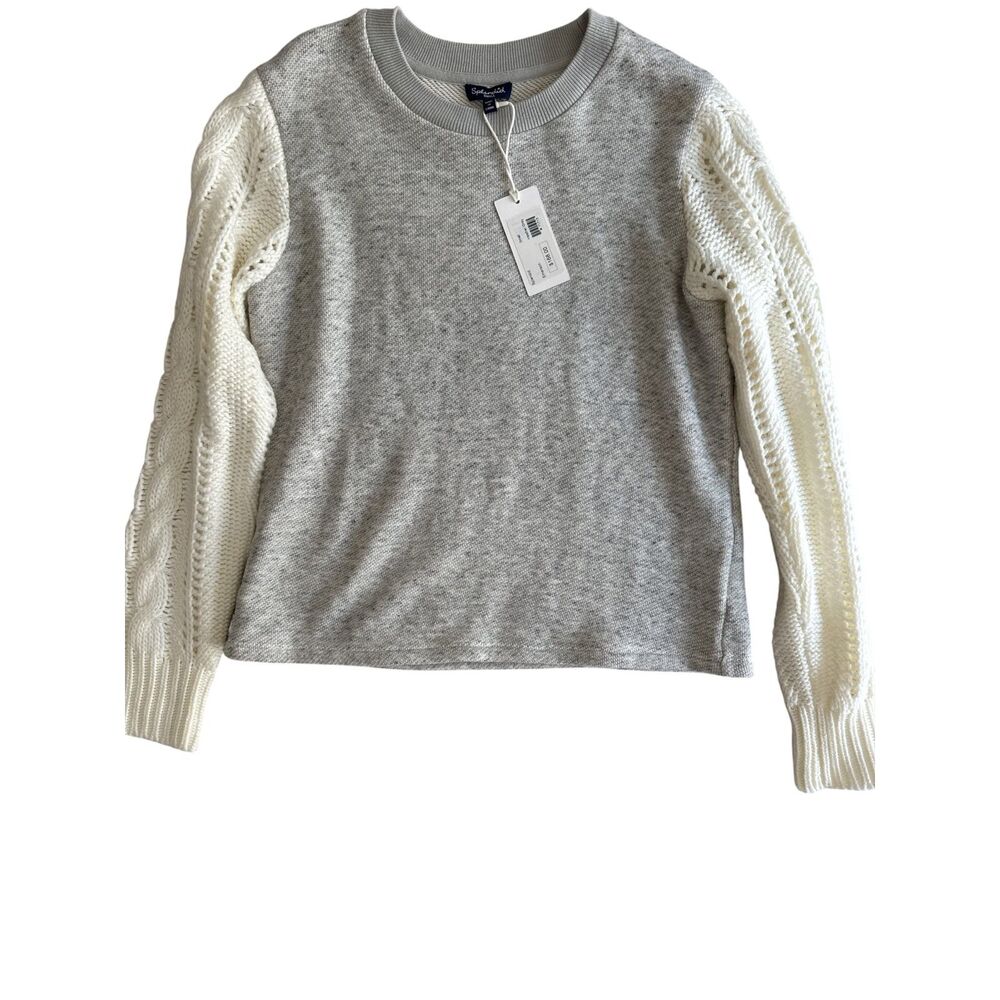 Splendid Emerson Mixed Media Cable Knit Sweater Crewneck Gray Cream Small NWT